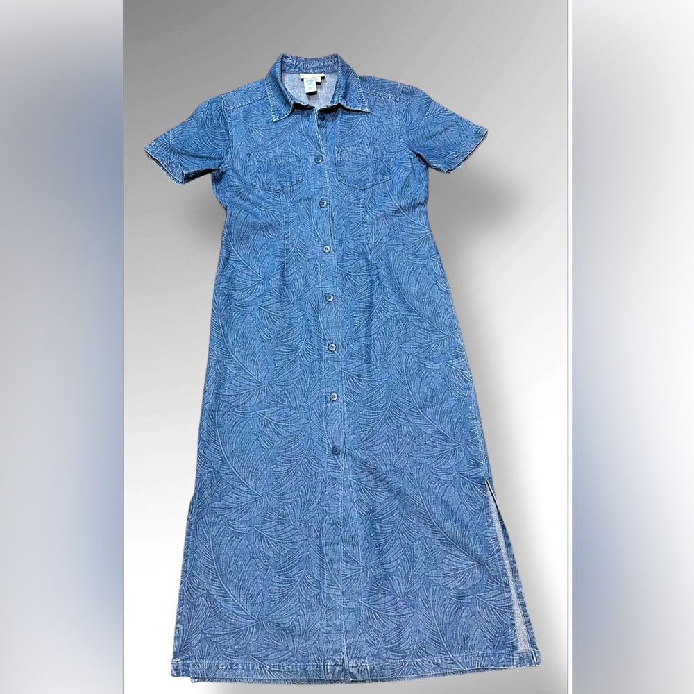 Coldwater Creek Denim Dress Small Floral Print Buttons Long Jean Classic